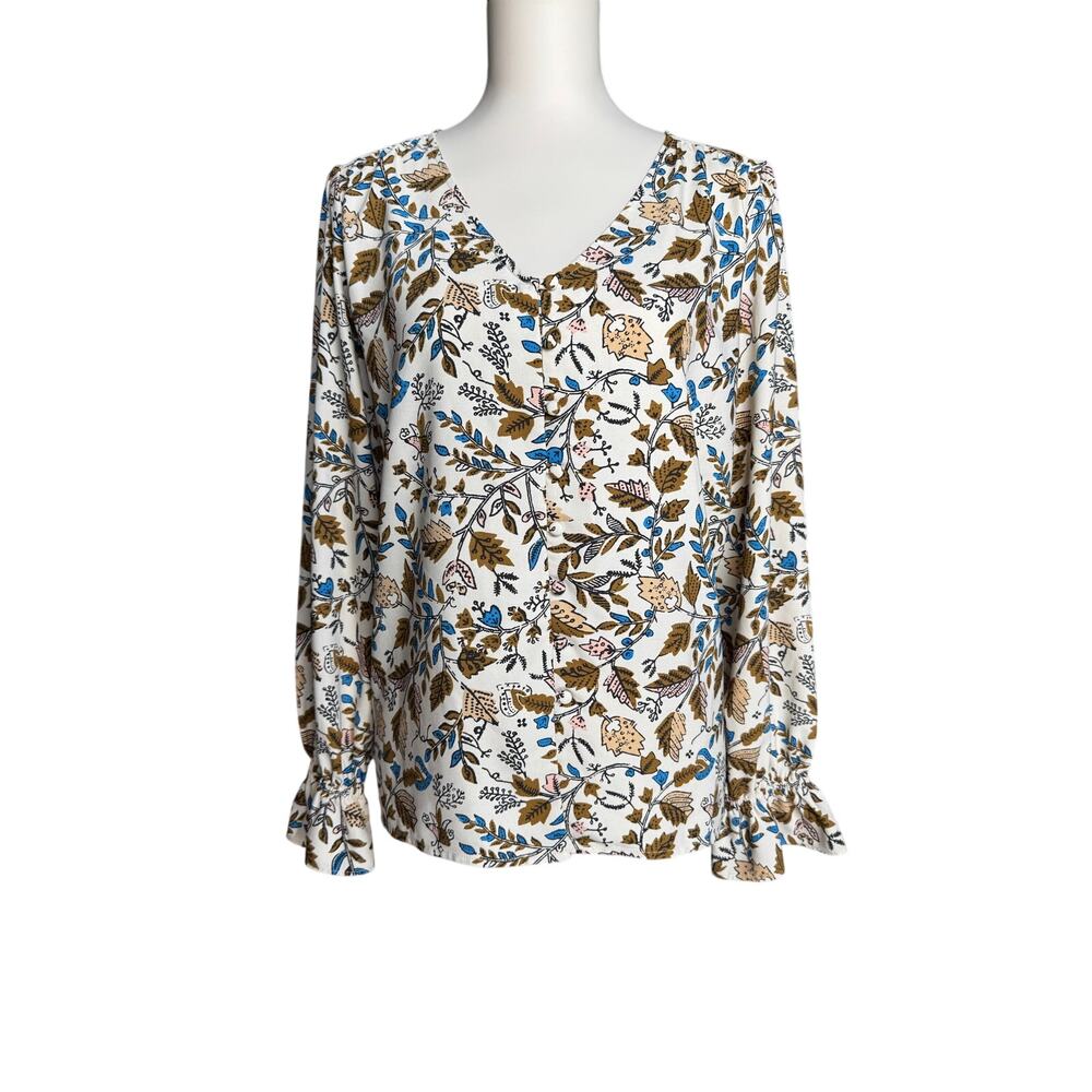 LOFT Ivory Botanical Floral Button Front Ruffle Cuff Boho Blouse Top Size Large - Picture 2 of 11